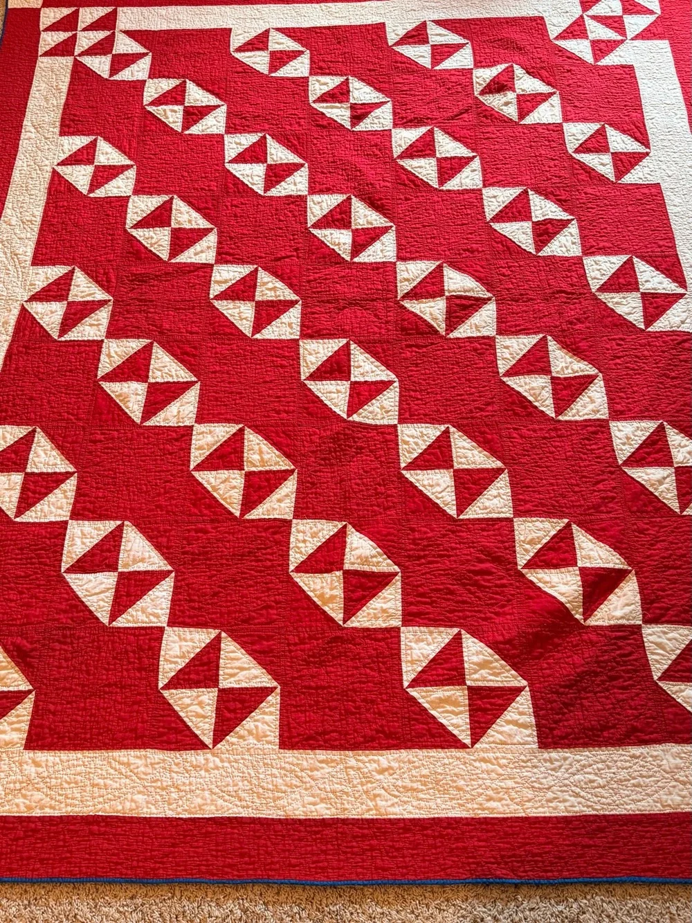 Vintage Antique Red and Cream Hand Sewn Patchwork Quilt with Blue Border